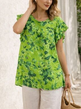 Linen Floral Lime Green Top Ruffle Sleeve Summer boho cottagecore coastal tunic